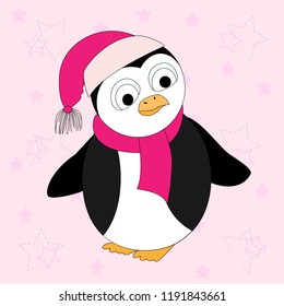 Vector illustration of a cartoon penguin in a scarf and hat. Cartoon print. T-shirt graphics for kids.