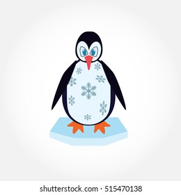Vector illustration of cartoon penguin standing on ice, isolated on white background