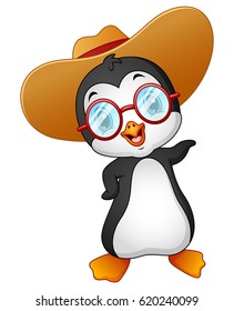 Vector illustration of Cartoon penguin in summer straw hat