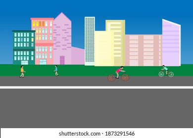 
Vector illustration cartoon people in city with skyscrapers People riding bicycles jogging on the road