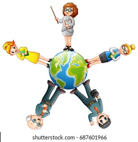 Vector illustration of Cartoon people standing around the globe