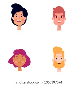 Vector illustration of cartoon people. Woman's face with dark hair. Face of a girl with pink hair. The man's face is blond. The face of a man is brown. Happy cartoon faces.