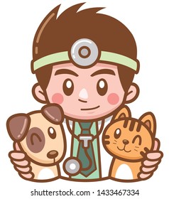 Vector illustration of Cartoon Pet male Doctor hug dog and cat