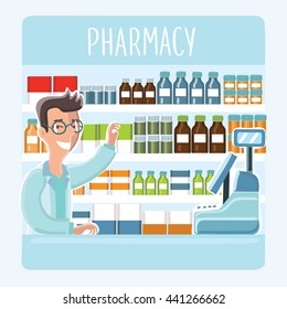 Vector illustration of cartoon pharmacist behind counter at pharmacy Man in glasses on background of shelves with medications