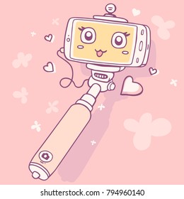 Vector illustration of cartoon phone with cute face in selfi stick on pink color background with heart and flower. Doodle line art style retro color design for web, site,print