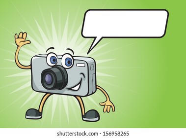 Vector illustration of cartoon photo camera character with speech balloon. Easy-edit layered vector EPS10 file scalable to any size without quality loss. High resolution raster JPG file is included.