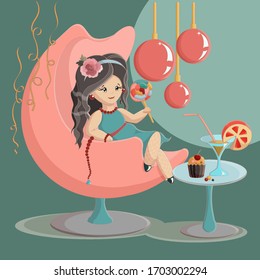 Vector illustration, cartoon picture or comic book. Fashionable girl sitting in a round peach armchair, Art Nouveau interior. Glass table with a glass and cake.