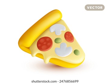 Vector illustration of cartoon piece of cheese pizza with mushroom and pepperoni on white background. 3d style design of fast food with shadow for web, site, banner, menu, poster