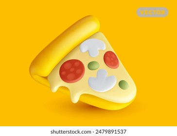 Ilustración vectorial de la porción de la historieta de la pizza del queso con el hongo y el pepperoni en el fondo amarillo. Diseño de estilo de dibujos animados 3d de comida rápida con sombra para Web, sitio, Anuncio, menú, póster