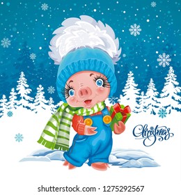 Vector illustration with cartoon Pig. Background invitation. Winter retro holiday card. 2019 Chinese New Year of the Pig. Christmas greeting card