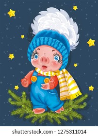 Vector illustration with cartoon Pig. Background invitation. Winter retro holiday card. 2019 Chinese New Year of the Pig. Christmas greeting card