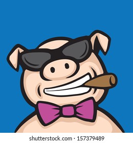 Vector illustration of cartoon pig boss with cigar. Easy-edit layered vector EPS10 file scalable to any size without quality loss. High resolution raster JPG file is included.