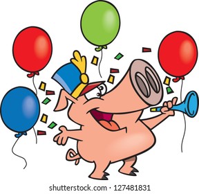 A vector illustration of cartoon pig celebrating