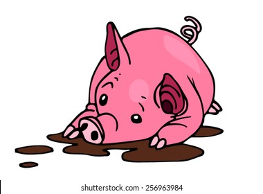 Vector illustration of a cartoon pig in dirt.