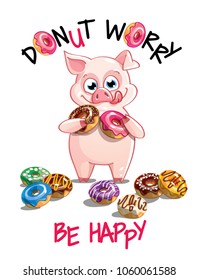 Vector illustration of cartoon pig with donuts.