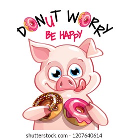 Vector illustration of cartoon pig with donuts.