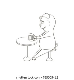 Vector illustration of cartoon pig drinking seating and beer. Black and white.