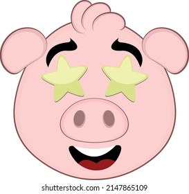 Vector illustration of a cartoon pig face with a happy expression and star shaped eyes