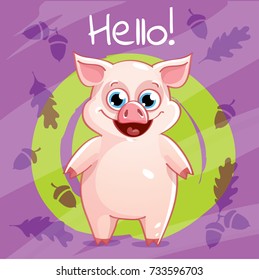 Vector illustration of cartoon pig. Hello.