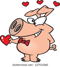 A vector illustration of cartoon pig holding a heart