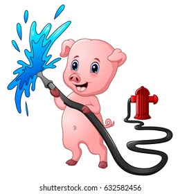 Vector Illustration of Cartoon pig with hose spraying water and fire hydrant 