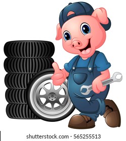 Vector illustration of Cartoon pig mechanic with car tire giving a thumbs up and holding a spanner