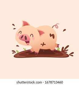 Vector illustration cartoon pig playing in the mud.