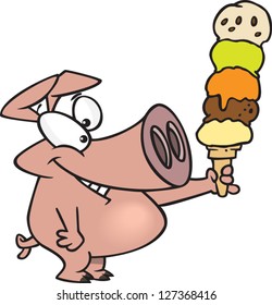 A vector illustration of cartoon pig ready to eat a five scoop ice cream cone