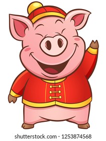 Vector illustration of cartoon pig wearing Chinese suit 