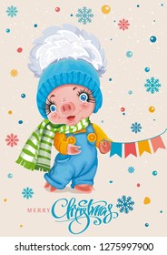 Vector illustration with cartoon Piggi. Background invitation. Winter retro holiday card. 2019 Chinese New Year of the Pig. Christmas greeting card