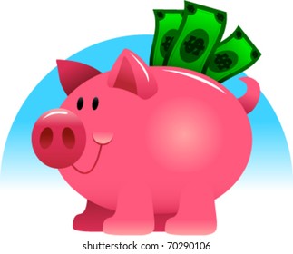 A vector illustration of a cartoon piggy bank stuffed with green dollar bills.