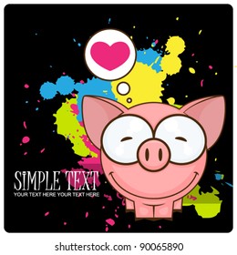 Vector illustration of cartoon piggy on a dirty background.