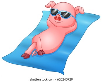 Vector illustration of Cartoon piglets sunbathing on beach