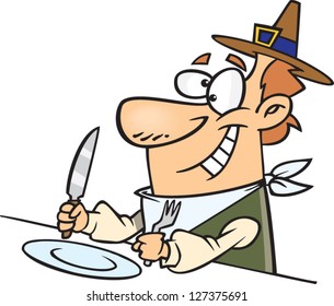 A vector illustration of cartoon pilgrim man sitting at the table ready for dinner