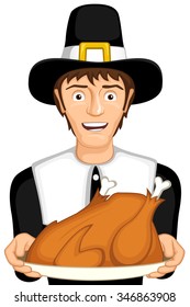 Vector illustration of a cartoon pilgrim smiling and holding a cooked Thanksgiving turkey.