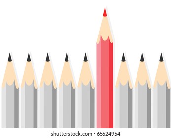Vector illustration of cartoon pink crayon with a lot of lead pencils