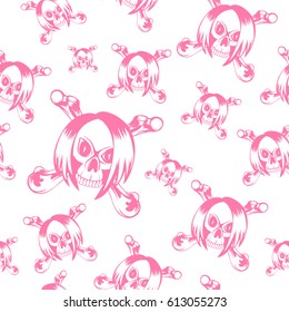 Vector illustration cartoon pink emo girl skull with hair and crossed bones. Seamless background. For t-shirt design or print on textile.