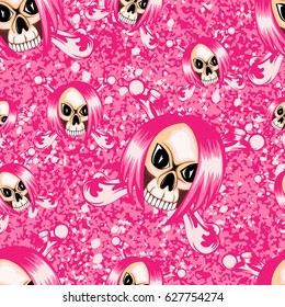 Vector illustration cartoon pink emo girl skull with hair and crossed bones on grunge background. Seamless background. For t-shirt design or print on textile.
