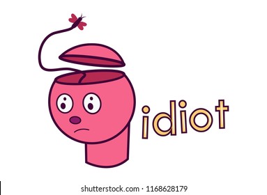 Vector Illustration. Cartoon Pink Face's Open Head And Lettering Idiot. Isolated On White Background.  