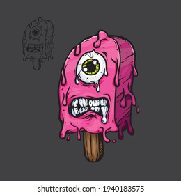 vector illustration Cartoon pink ice cream is melting character on black background