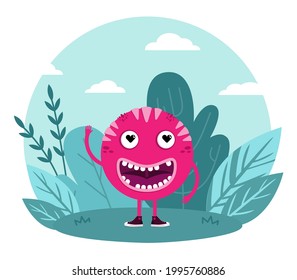 Vector illustration of cartoon pink monster in summer nature landscape. Monster with smile. Happiness moment. Isolated on background