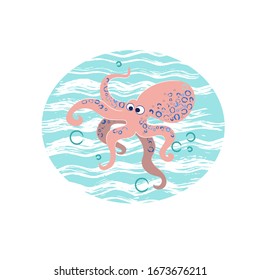 Vector illustration of cartoon  pink octopus in the circle of blue waves. Print on white textile  for boys and girls.