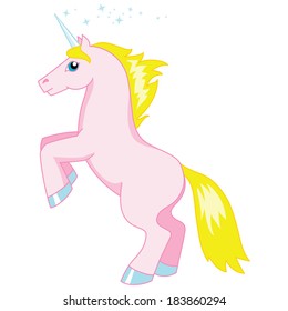 Vector illustration of cartoon pink unicorn isolated on white