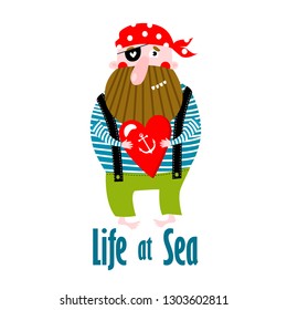 Vector illustration of a cartoon pirate. poster for children. Life at sea
