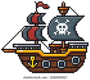 Vector illustration of Cartoon Pirate ship - Pixel design