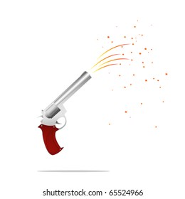 Vector illustration of cartoon pistol with abstract fireworks