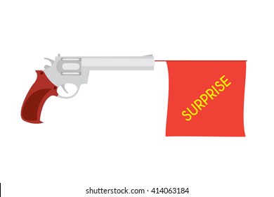 Vector illustration of cartoon pistol with small flag and inscription Surprise on it