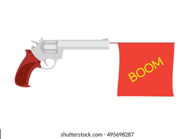 Vector illustration of cartoon pistol with small flag and inscription Boom on it