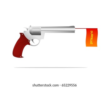Vector illustration of cartoon pistol with small flag and inscription "surprise" on it