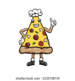 Vector illustration of cartoon pizza giving thumb up. Mascot pizza using chef’s hat giving thumb up isolated on white.